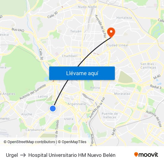 Urgel to Hospital Universitario HM Nuevo Belén map