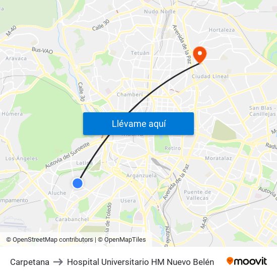Carpetana to Hospital Universitario HM Nuevo Belén map