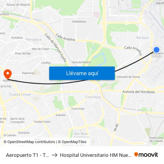 Aeropuerto T1 - T2 - T3 to Hospital Universitario HM Nuevo Belén map