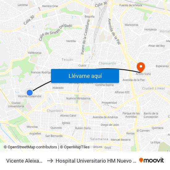 Vicente Aleixandre to Hospital Universitario HM Nuevo Belén map