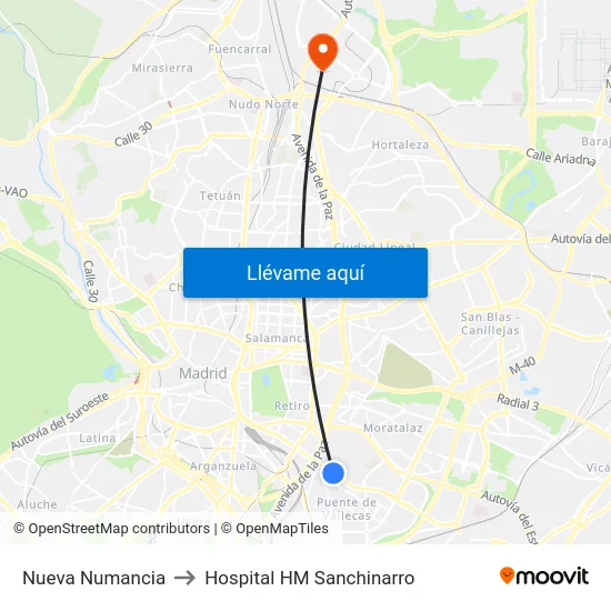 Nueva Numancia to Hospital HM Sanchinarro map