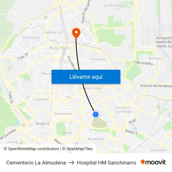 Cementerio La Almudena to Hospital HM Sanchinarro map