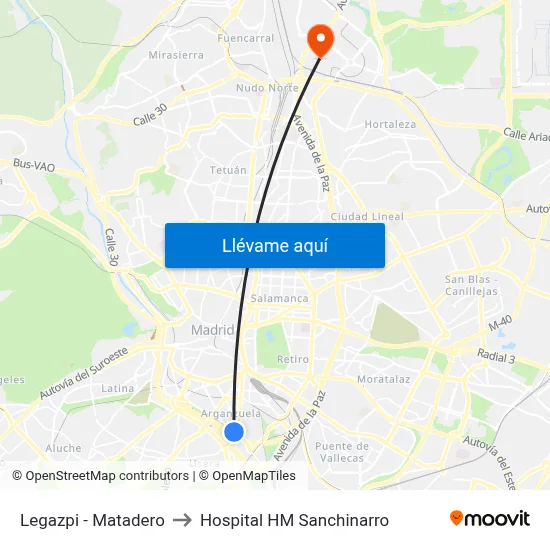 Legazpi - Matadero to Hospital HM Sanchinarro map