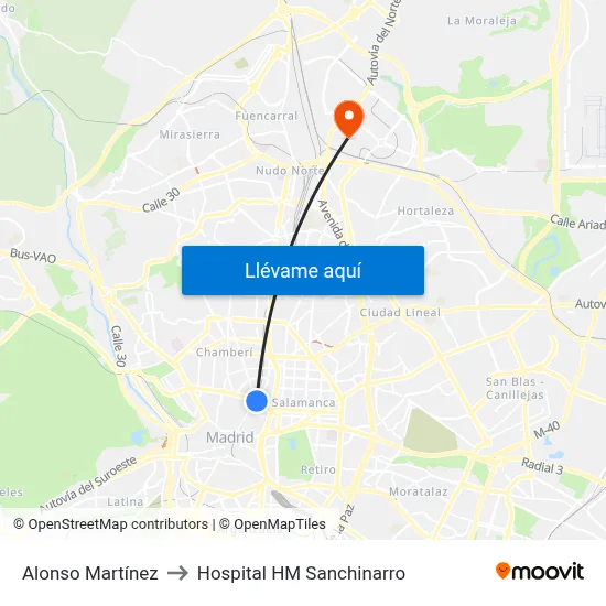Alonso Martínez to Hospital HM Sanchinarro map