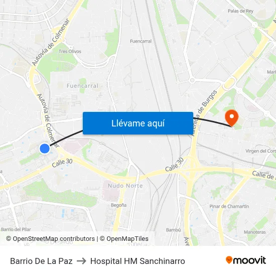 Barrio De La Paz to Hospital HM Sanchinarro map