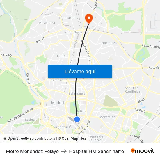Metro Menéndez Pelayo to Hospital HM Sanchinarro map