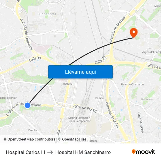 Hospital Carlos III to Hospital HM Sanchinarro map