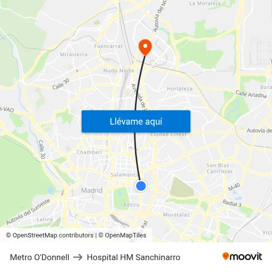 Metro O'Donnell to Hospital HM Sanchinarro map