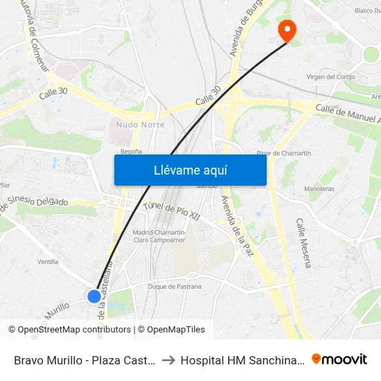 Bravo Murillo - Plaza Castilla to Hospital HM Sanchinarro map