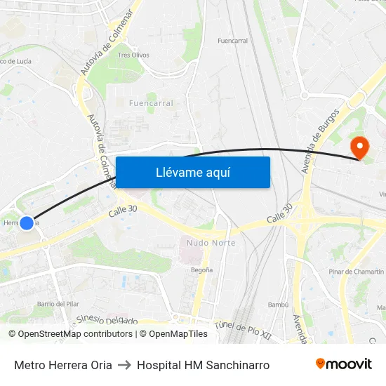 Metro Herrera Oria to Hospital HM Sanchinarro map