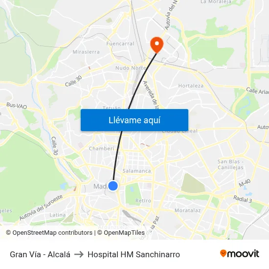 Gran Vía - Alcalá to Hospital HM Sanchinarro map