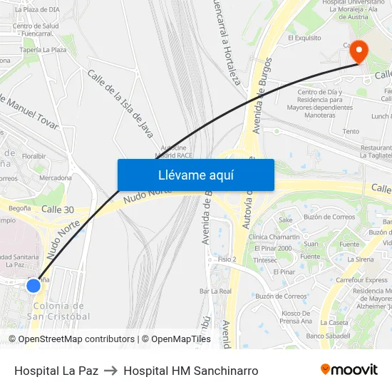 Hospital La Paz to Hospital HM Sanchinarro map