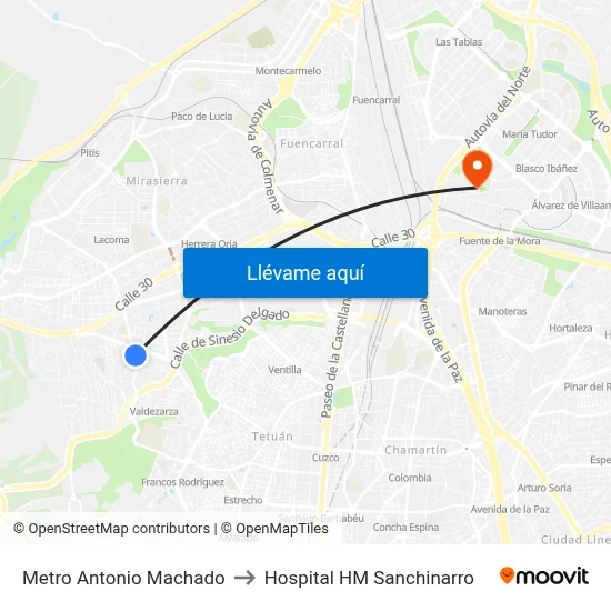 Metro Antonio Machado to Hospital HM Sanchinarro map