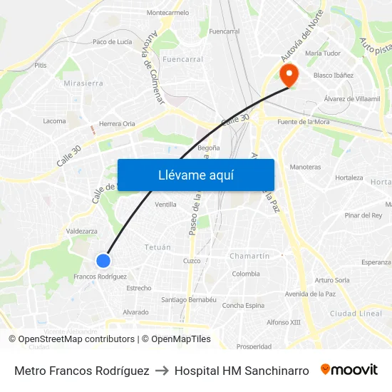 Metro Francos Rodríguez to Hospital HM Sanchinarro map