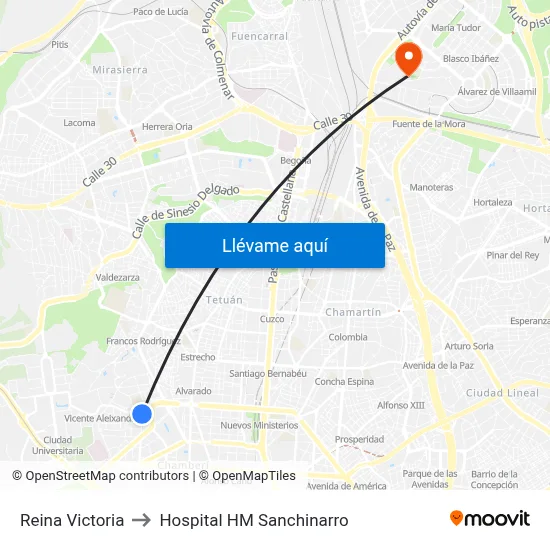Reina Victoria to Hospital HM Sanchinarro map