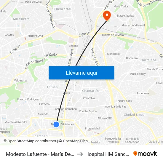 Modesto Lafuente - María De Guzmán to Hospital HM Sanchinarro map