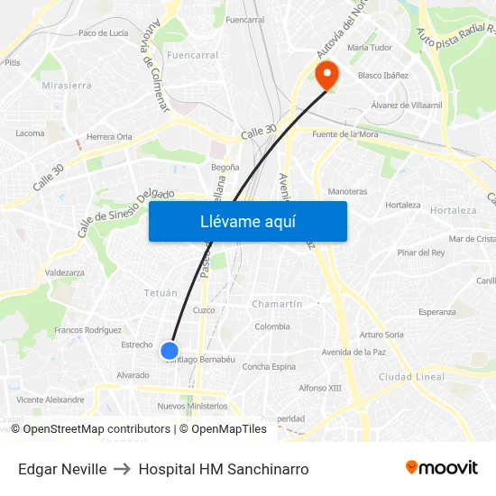 Edgar Neville to Hospital HM Sanchinarro map