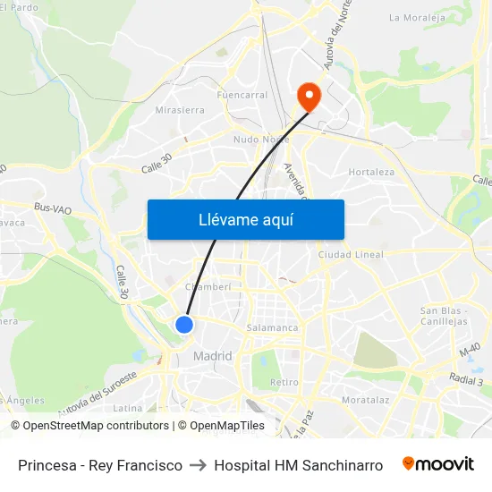 Princesa - Rey Francisco to Hospital HM Sanchinarro map