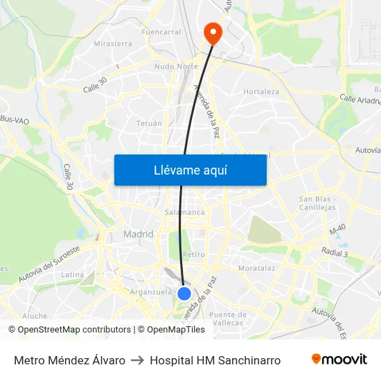Metro Méndez Álvaro to Hospital HM Sanchinarro map