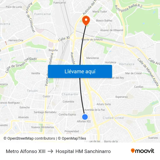 Metro Alfonso XIII to Hospital HM Sanchinarro map