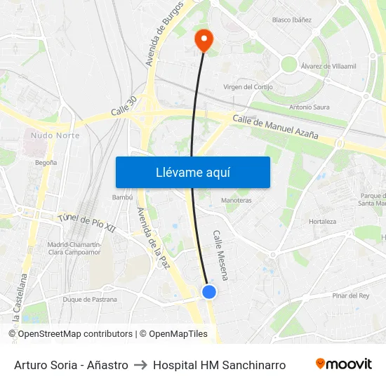 Arturo Soria - Añastro to Hospital HM Sanchinarro map