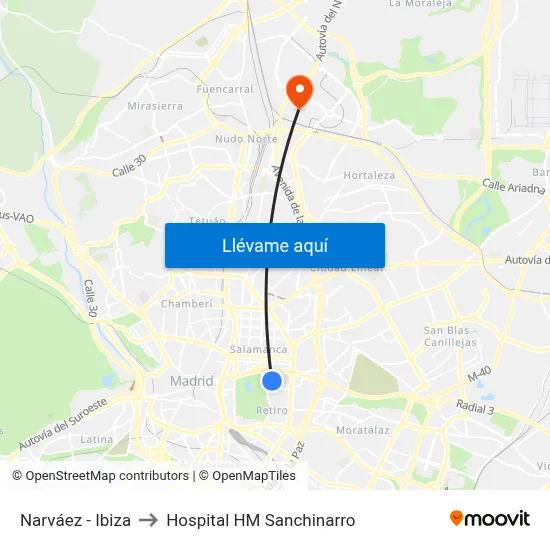 Narváez - Ibiza to Hospital HM Sanchinarro map