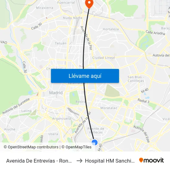 Avenida De Entrevías - Ronda Sur to Hospital HM Sanchinarro map