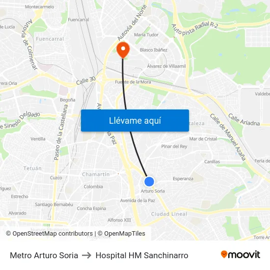 Metro Arturo Soria to Hospital HM Sanchinarro map