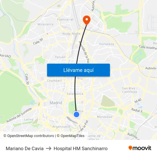 Mariano De Cavia to Hospital HM Sanchinarro map