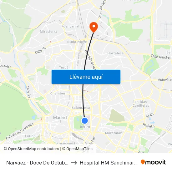 Narváez - Doce De Octubre to Hospital HM Sanchinarro map