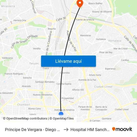 Príncipe De Vergara - Diego De León to Hospital HM Sanchinarro map