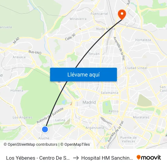 Los Yébenes - Centro De Salud to Hospital HM Sanchinarro map