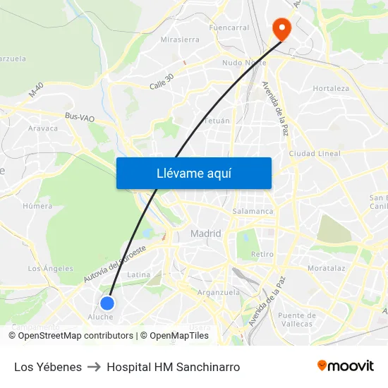 Los Yébenes to Hospital HM Sanchinarro map