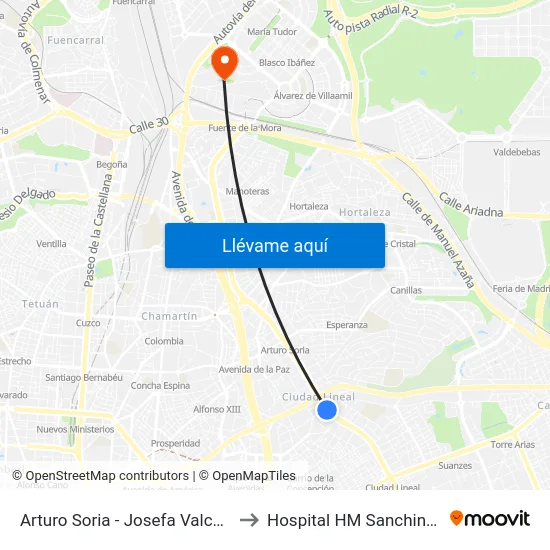 Arturo Soria - Josefa Valcárcel to Hospital HM Sanchinarro map