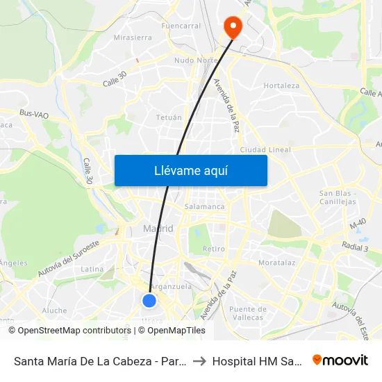 Santa María De La Cabeza - Parque Bomberos to Hospital HM Sanchinarro map