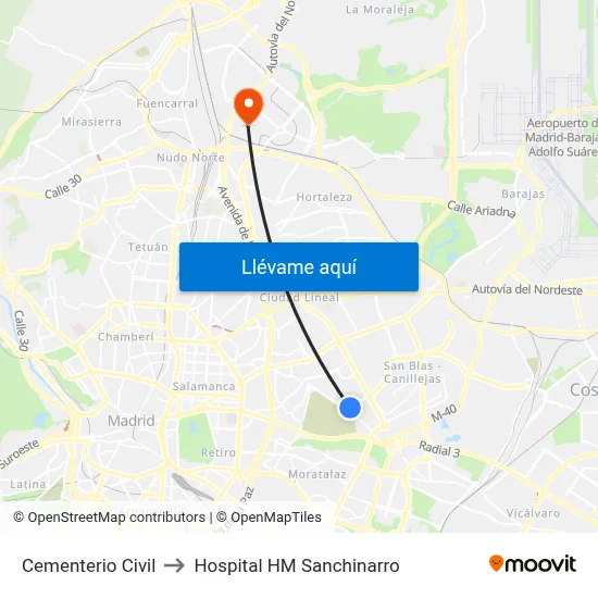 Cementerio Civil to Hospital HM Sanchinarro map