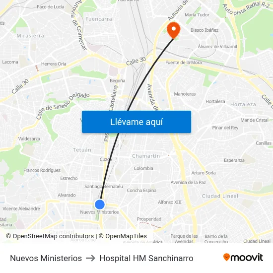 Nuevos Ministerios to Hospital HM Sanchinarro map