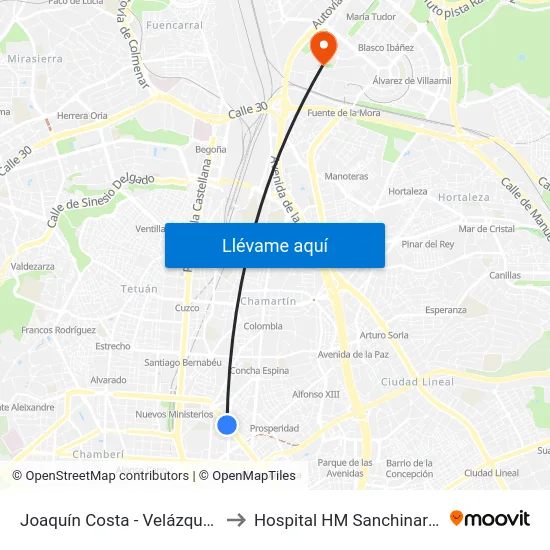 Joaquín Costa - Velázquez to Hospital HM Sanchinarro map