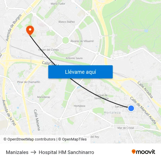 Manizales to Hospital HM Sanchinarro map