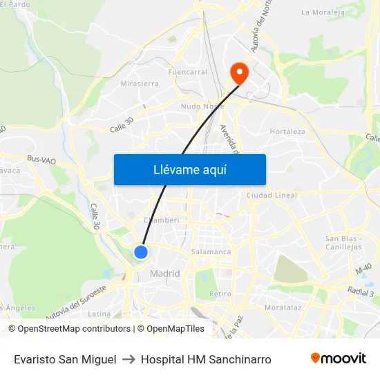Evaristo San Miguel to Hospital HM Sanchinarro map