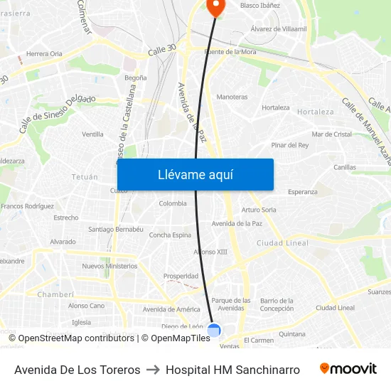 Avenida De Los Toreros to Hospital HM Sanchinarro map