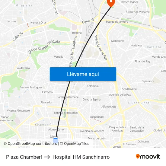 Plaza Chamberí to Hospital HM Sanchinarro map