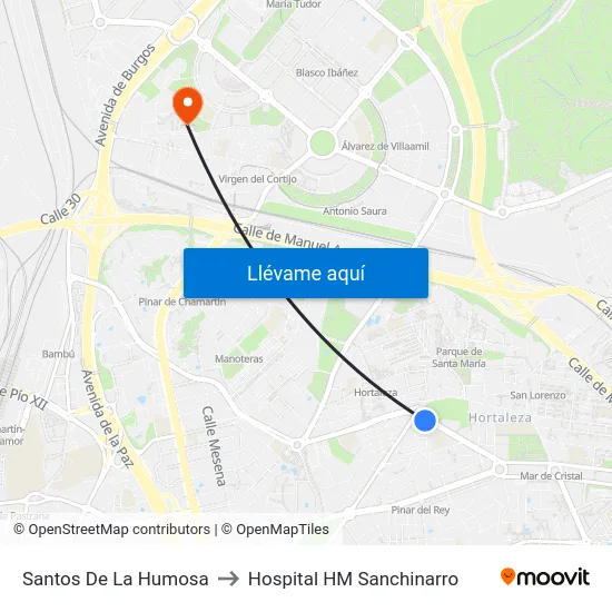 Santos De La Humosa to Hospital HM Sanchinarro map