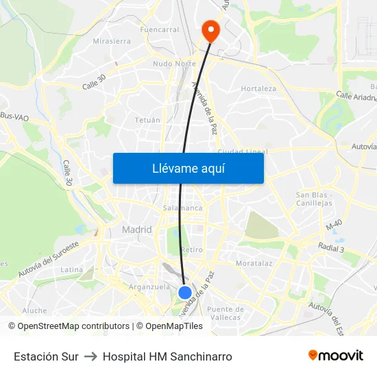 Estación Sur to Hospital HM Sanchinarro map