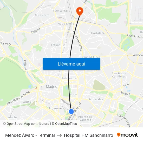 Méndez Álvaro - Terminal to Hospital HM Sanchinarro map