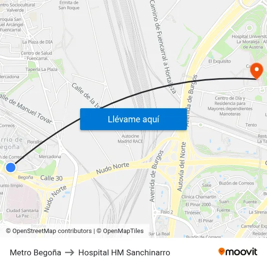 Metro Begoña to Hospital HM Sanchinarro map