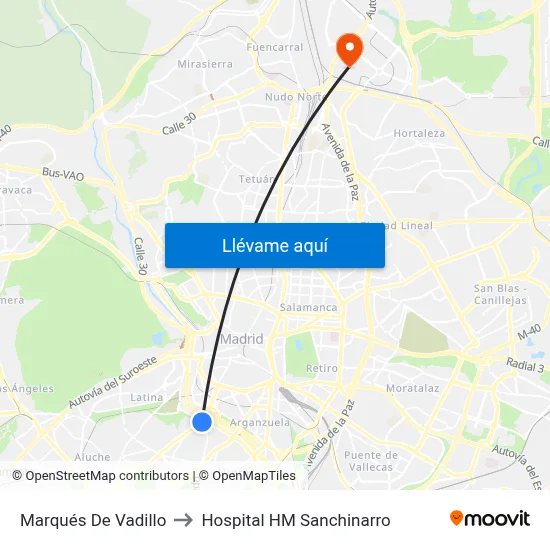 Marqués De Vadillo to Hospital HM Sanchinarro map