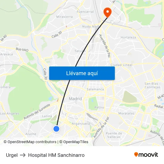 Urgel to Hospital HM Sanchinarro map