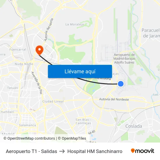 Aeropuerto T1 - Salidas to Hospital HM Sanchinarro map