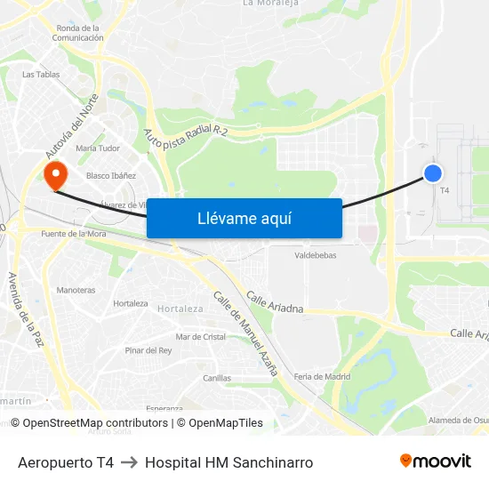 Aeropuerto T4 to Hospital HM Sanchinarro map